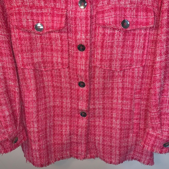 Zara Tweed Textured Woven Plaid Frayed Overshirt Shacket Shirt Jacket Pink S - Picture 8 of 16